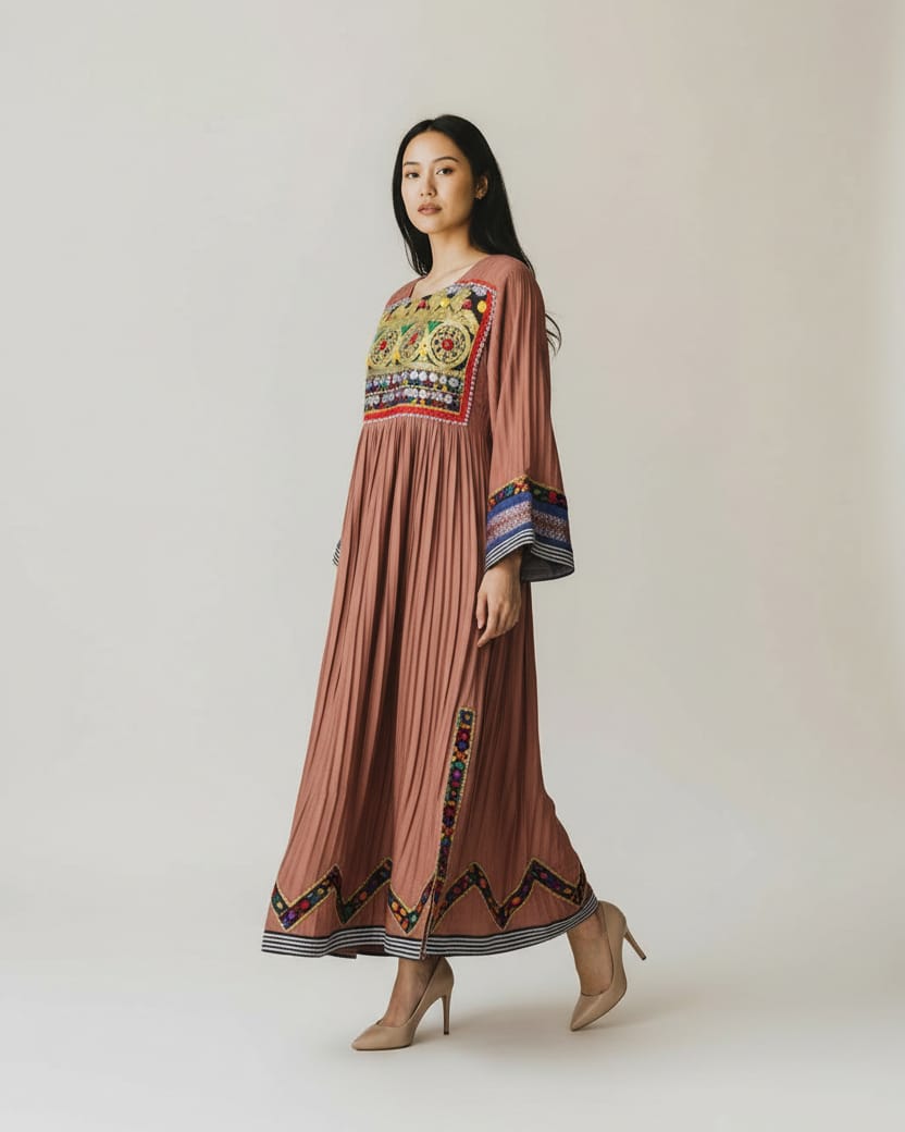 Afghan Pleated Cotton Long Dress 7