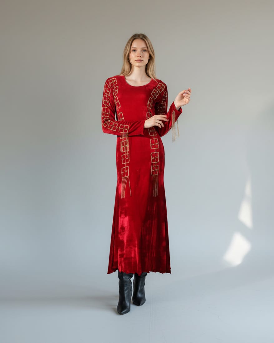 Handmade Embroidered Velvet Maxi Dress 2