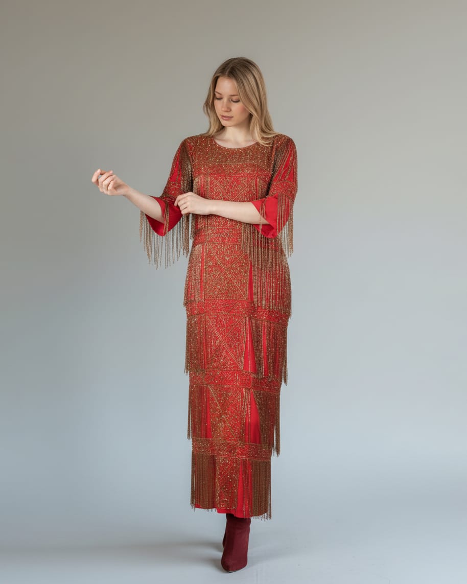 Hand Beaded Red Maxi Dress 4
