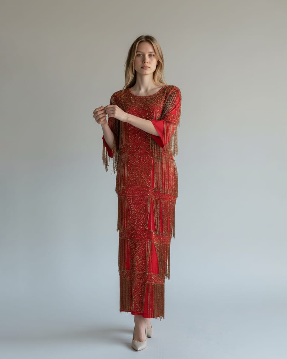 Hand Beaded Red Maxi Dress 6