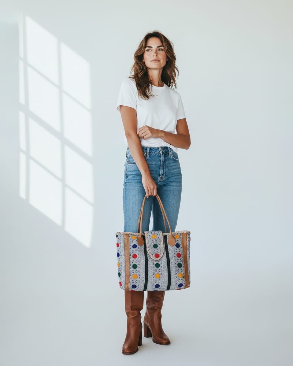 Handcrafted Colorful Embroidered Leather Tote Bag 2