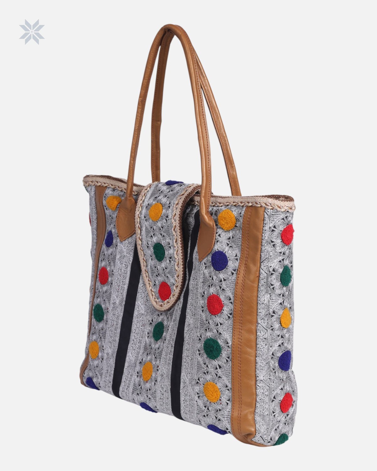 Handcrafted Colorful Embroidered Leather Tote Bag 1