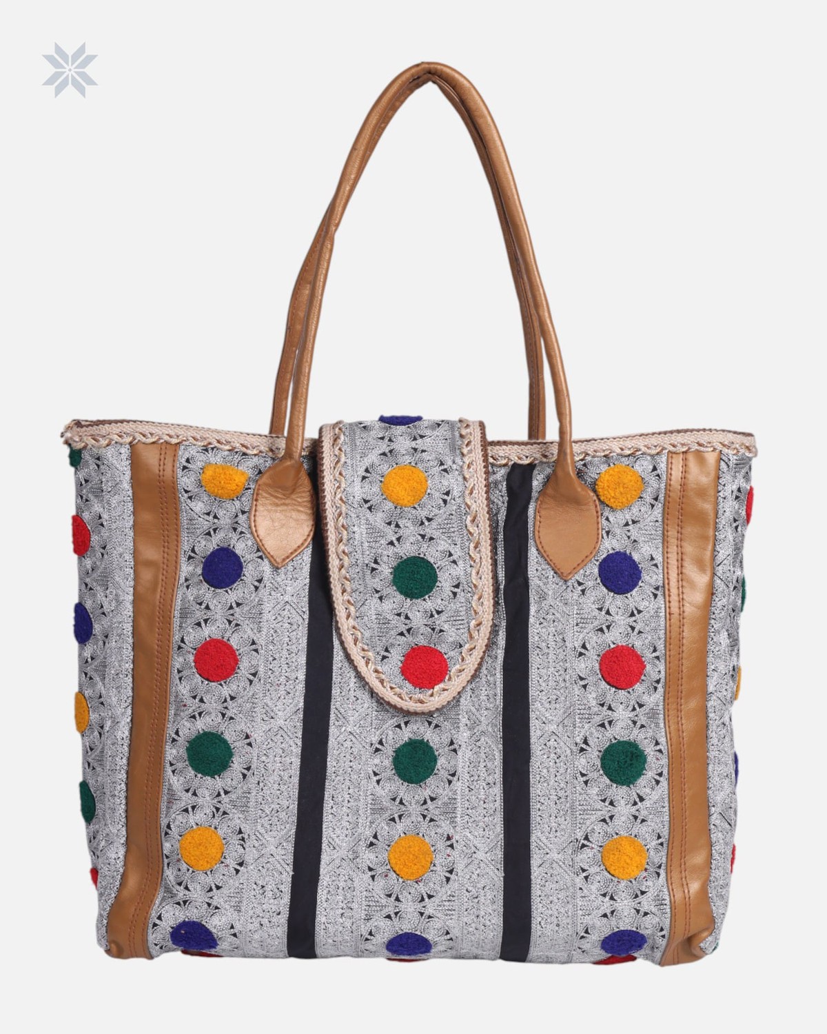 Handcrafted Colorful Embroidered Leather Tote Bag 4