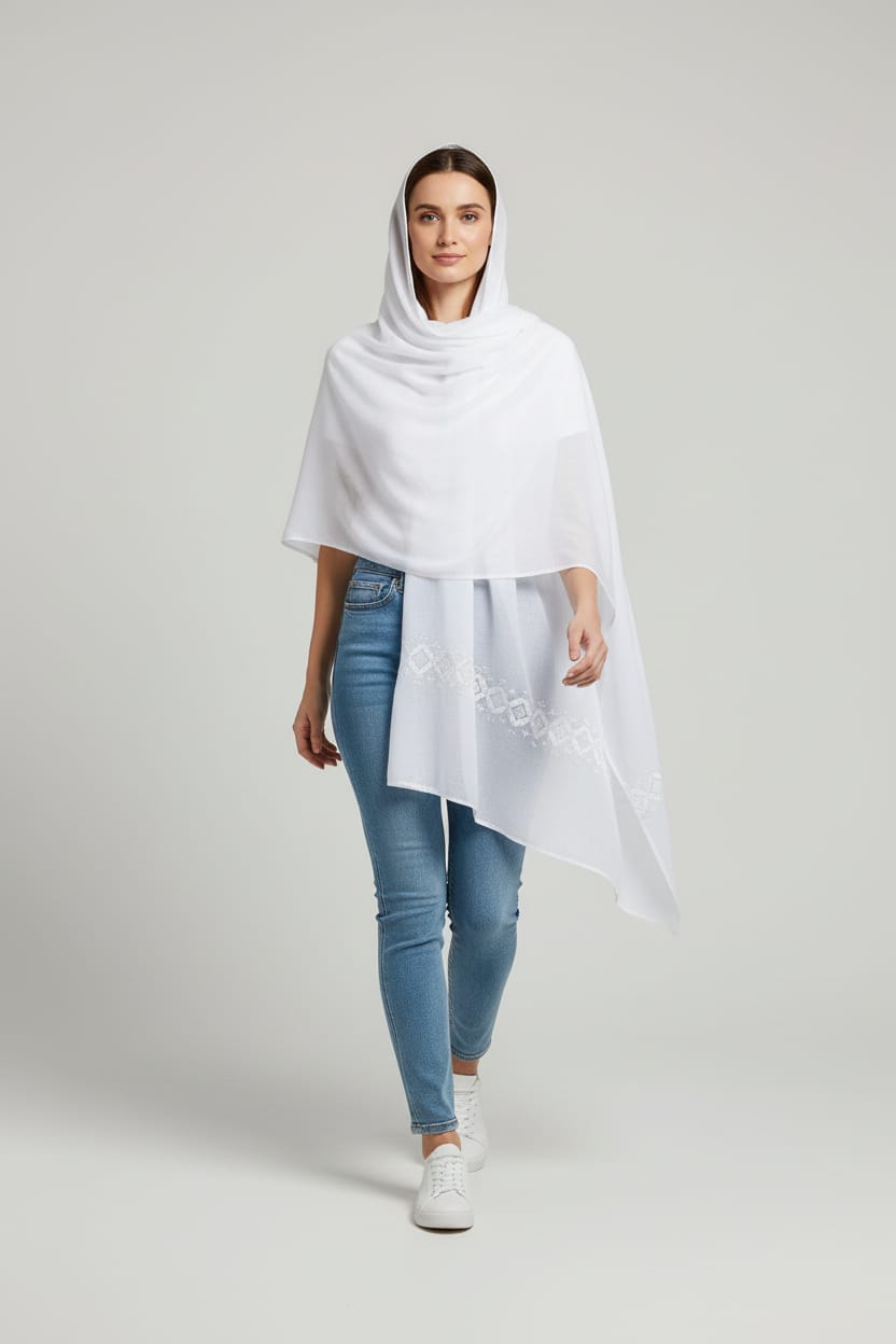 Floral White Embroidered Scarf 4