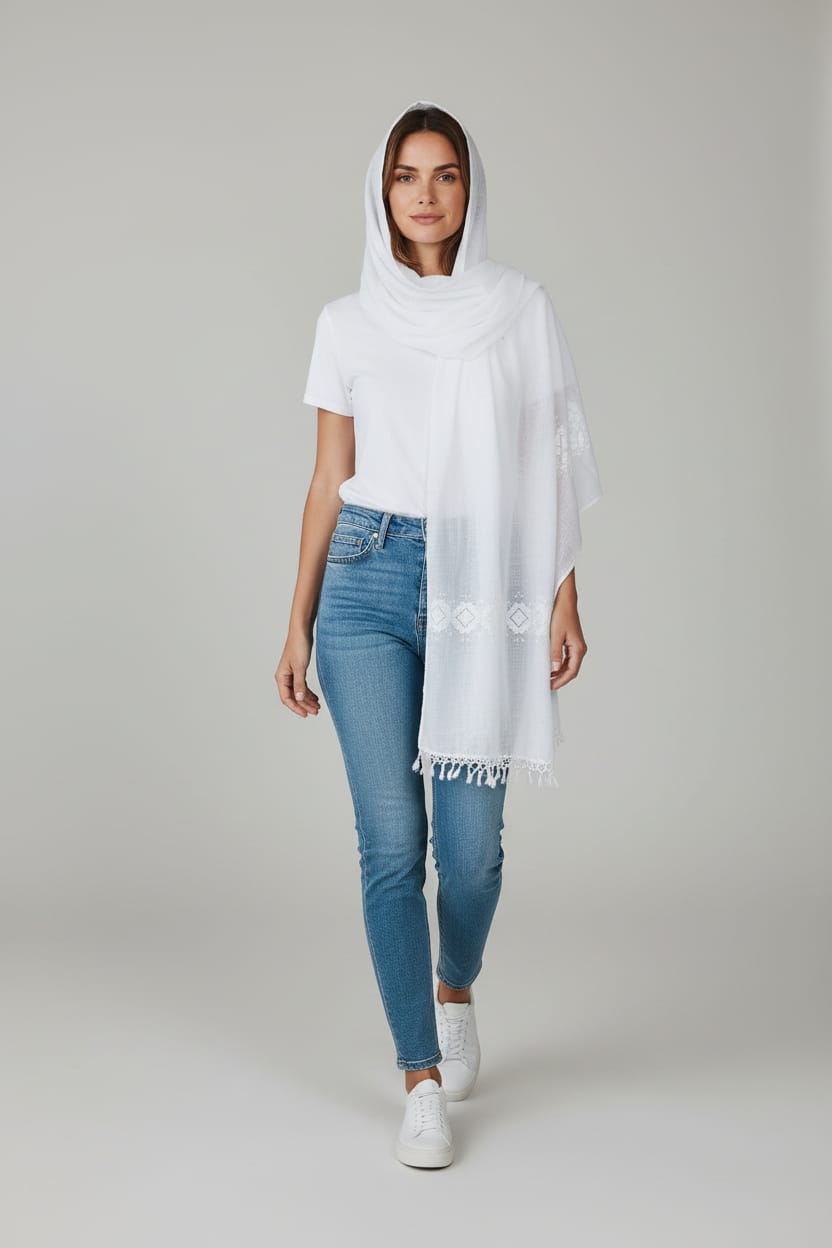 Floral White Embroidered Scarf 3