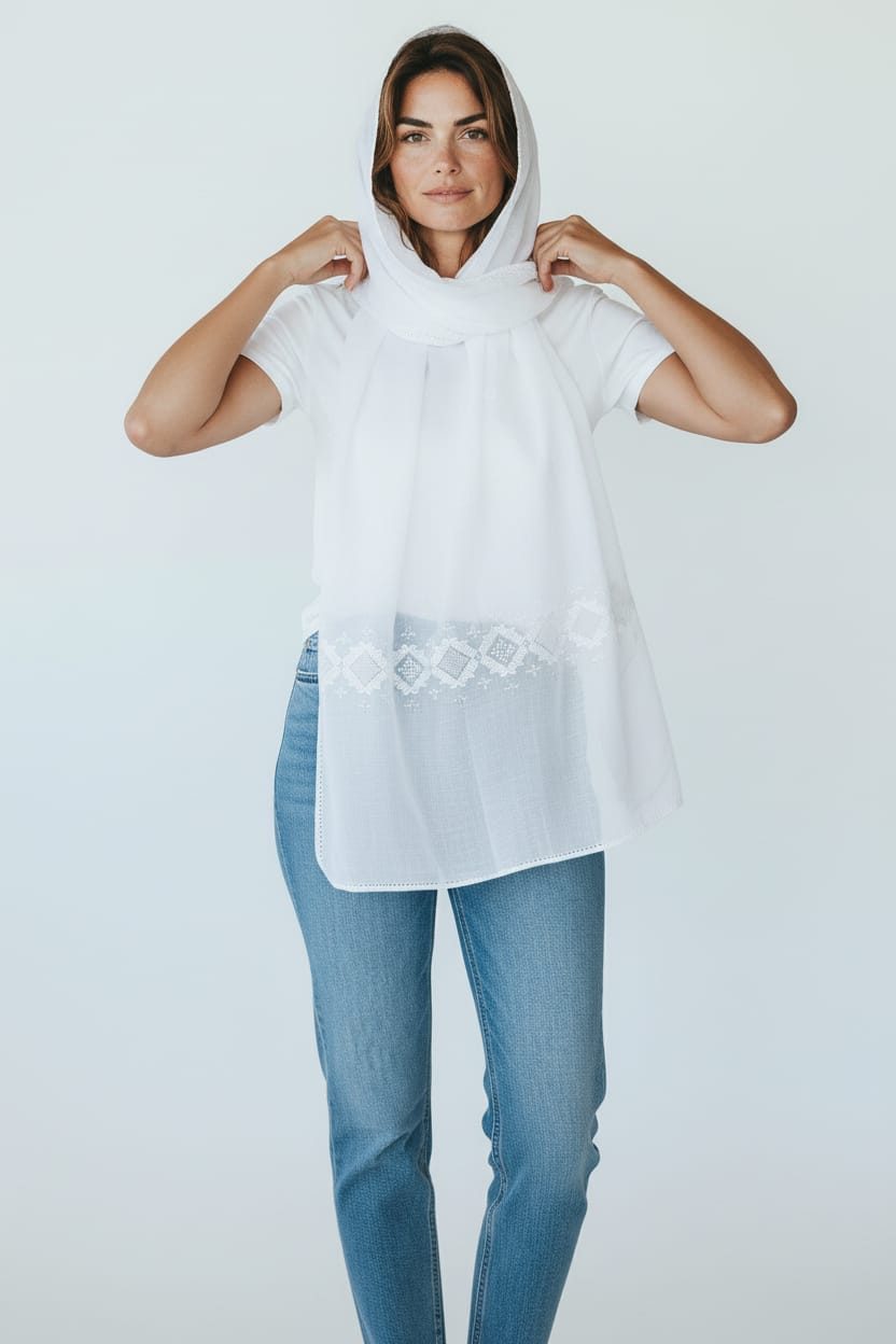 Floral White Embroidered Scarf 2