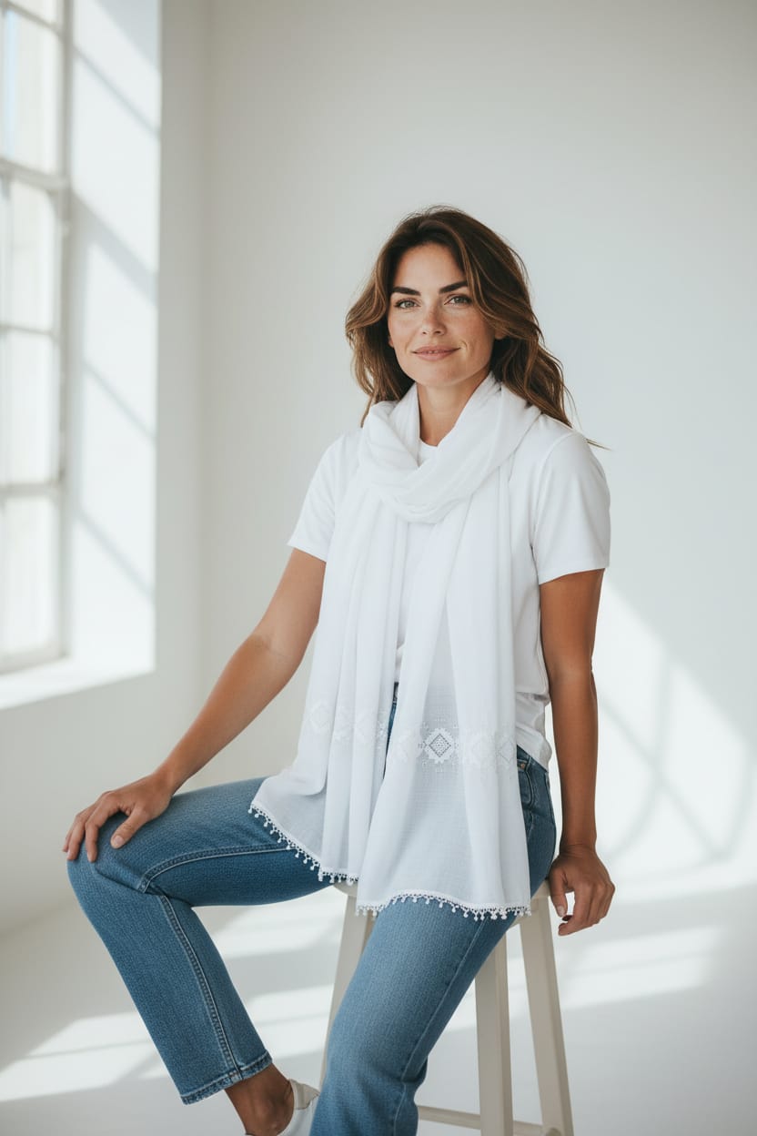 Floral White Embroidered Scarf 5