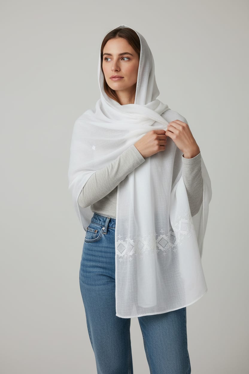 Floral White Embroidered Scarf 1