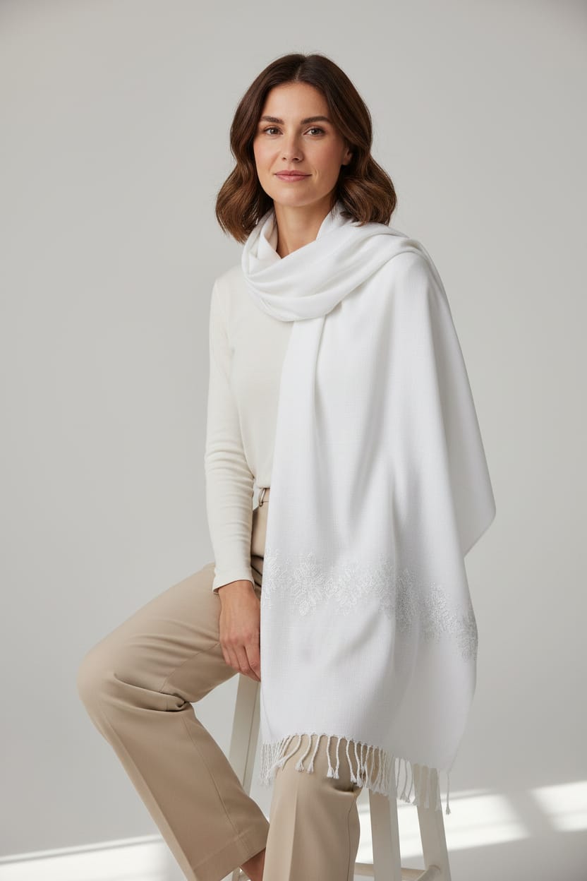 White Women’s Embroidered Scarf Wrap 6
