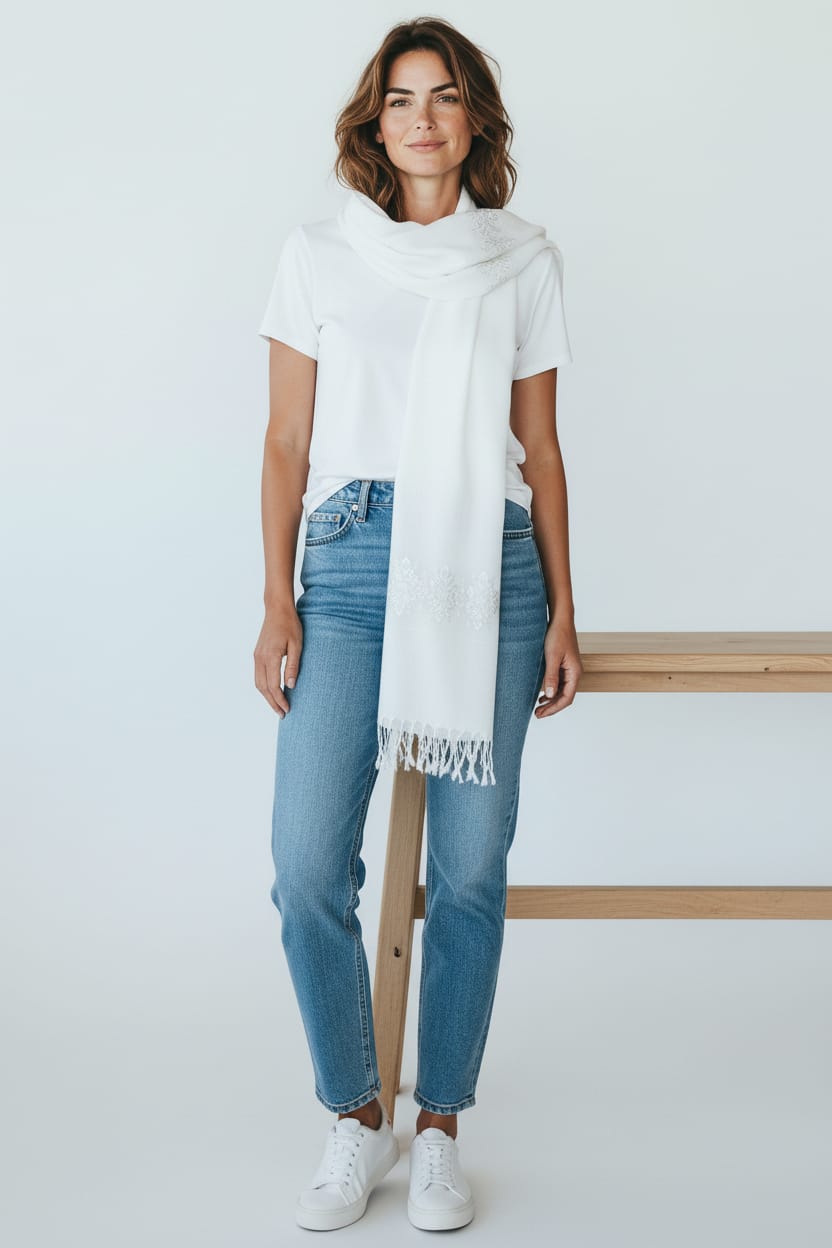 White Women’s Embroidered Scarf Wrap 3