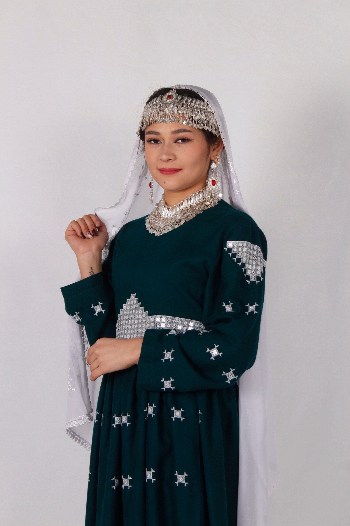 cotton dress with embroidery work Green Cotton Dress with Machine Embroidery & Mirror Work -