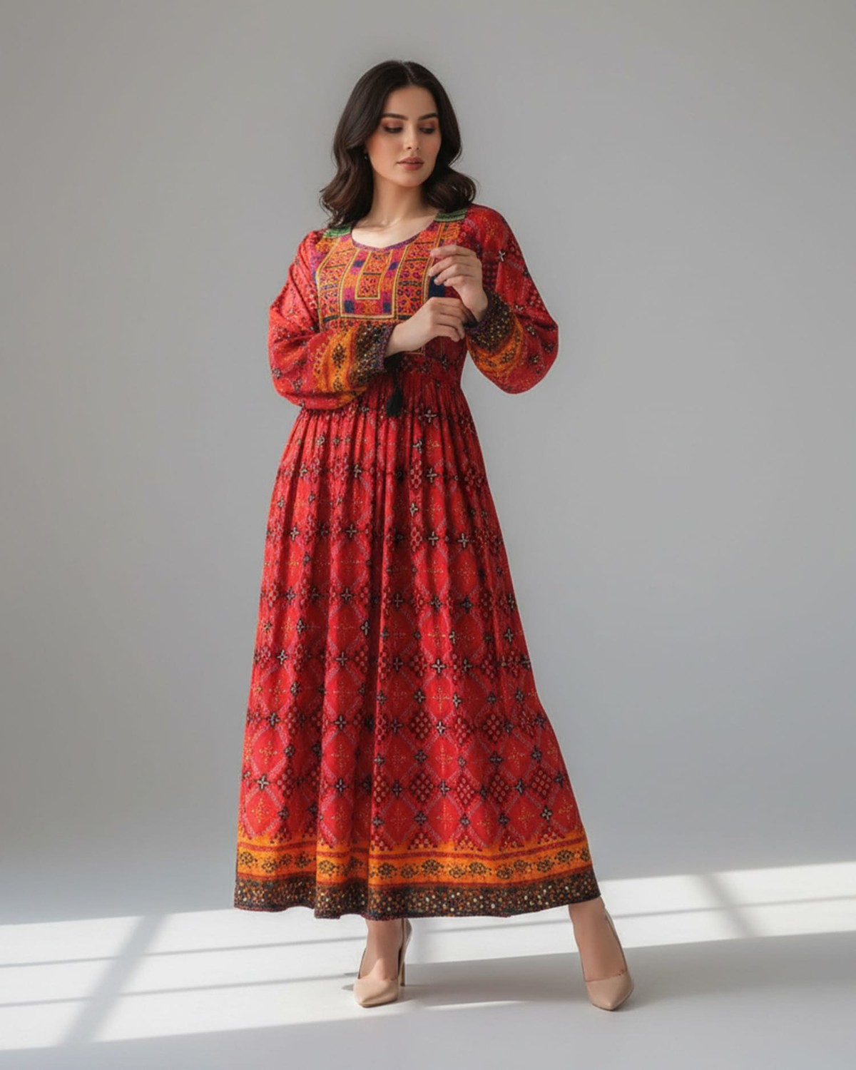 Handmade Embroidered Dress in Red and Orange 2