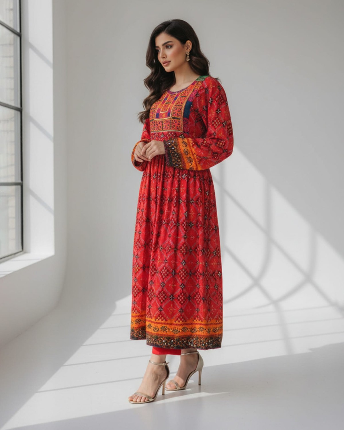 Handmade Embroidered Dress in Red and Orange 7