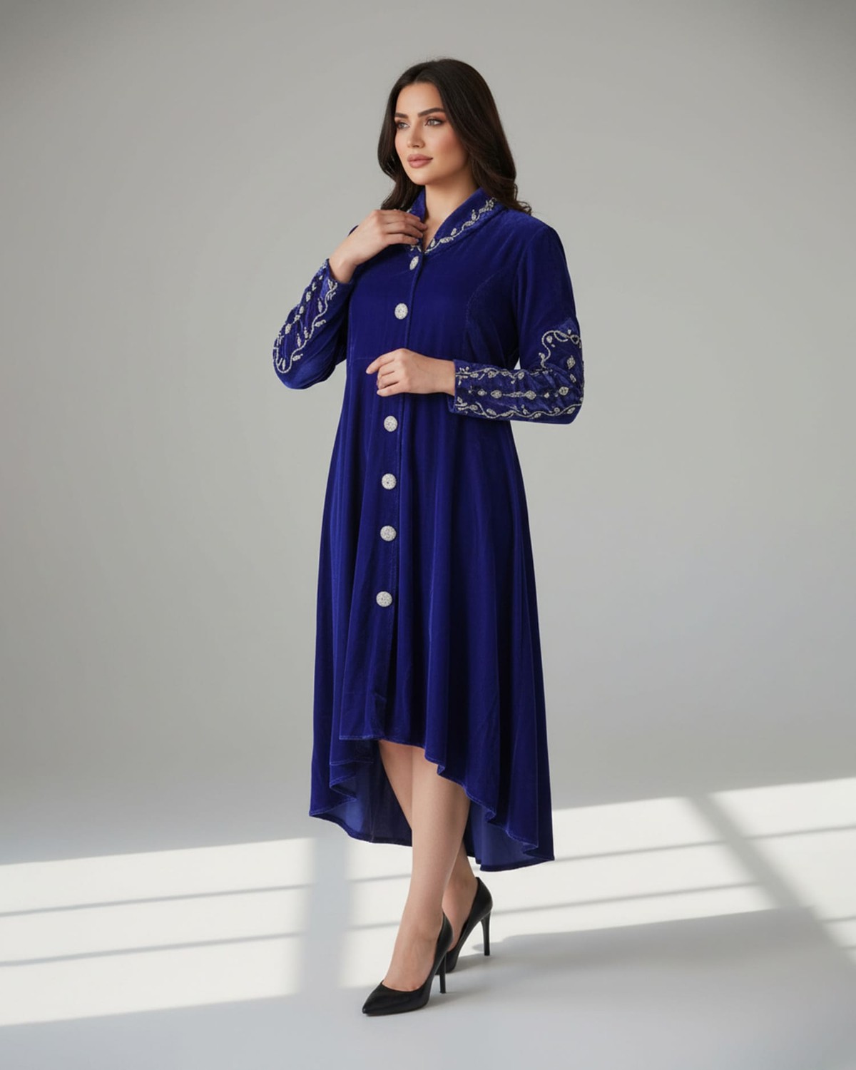 Silk Velvet Party Dress with Hand-Embroidered Mori and Yakhk Design 4