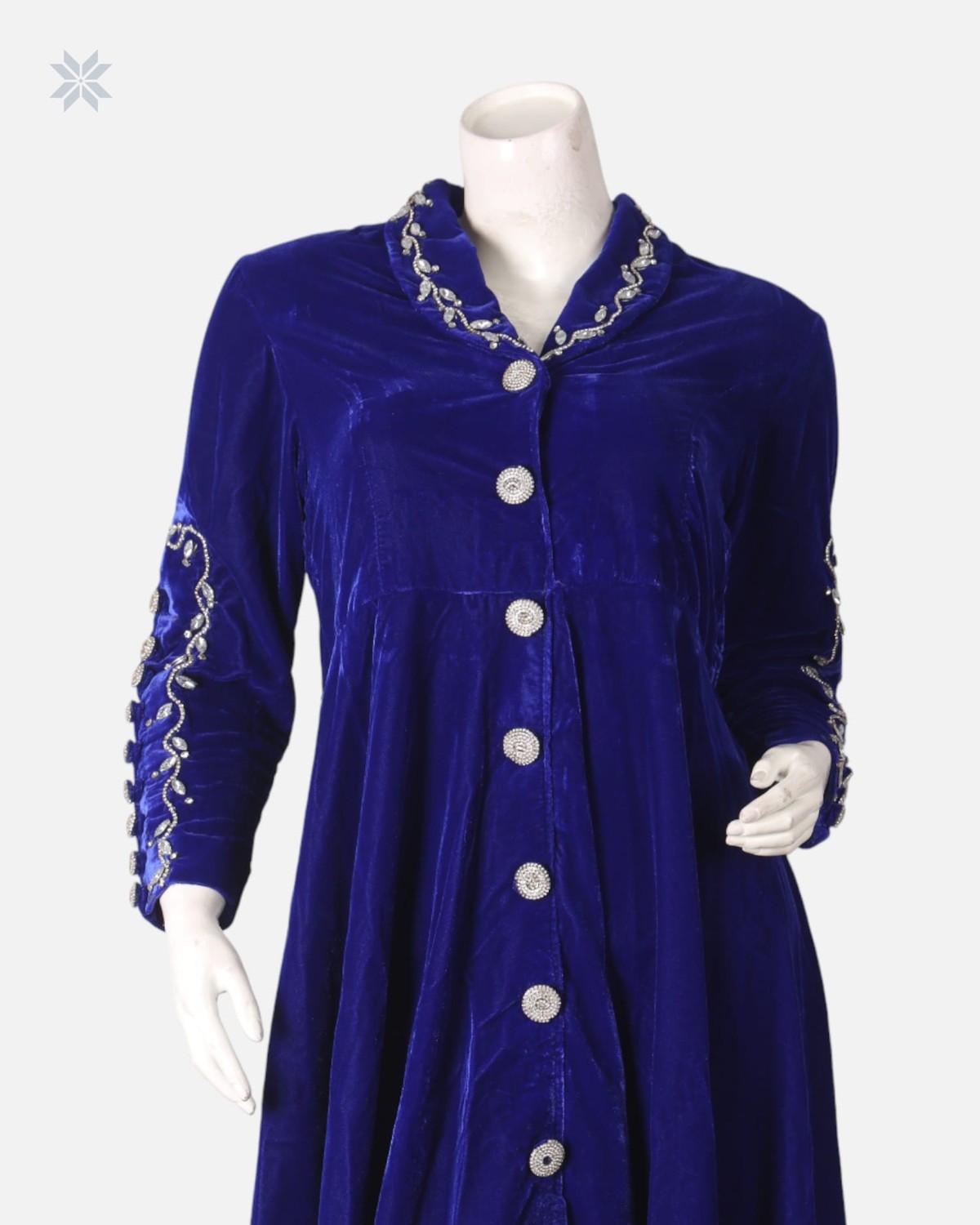 Silk Velvet Party Dress with Hand-Embroidered Mori and Yakhk Design 3