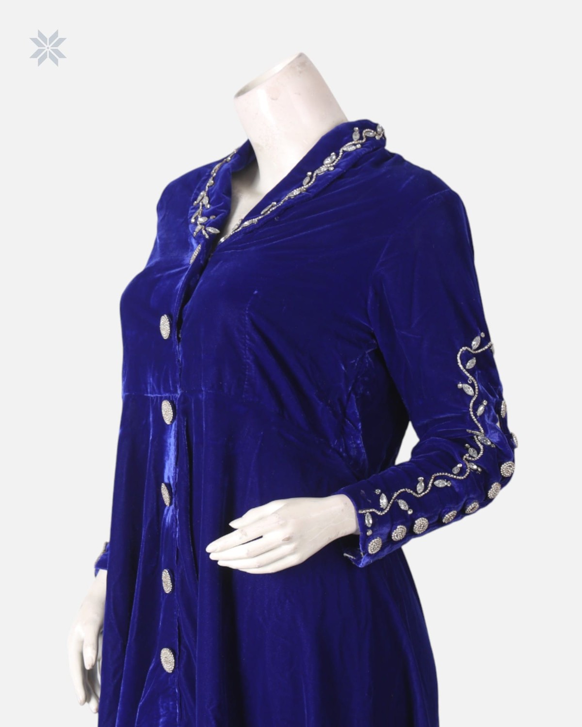 Silk Velvet Party Dress with Hand-Embroidered Mori and Yakhk Design 1