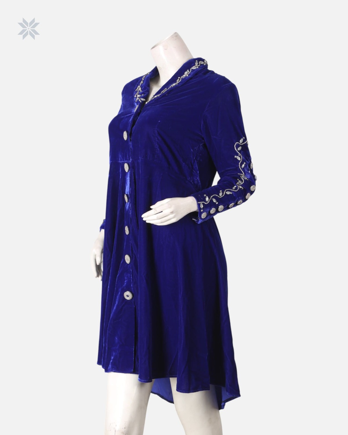 Silk Velvet Party Dress with Hand-Embroidered Mori and Yakhk Design 2