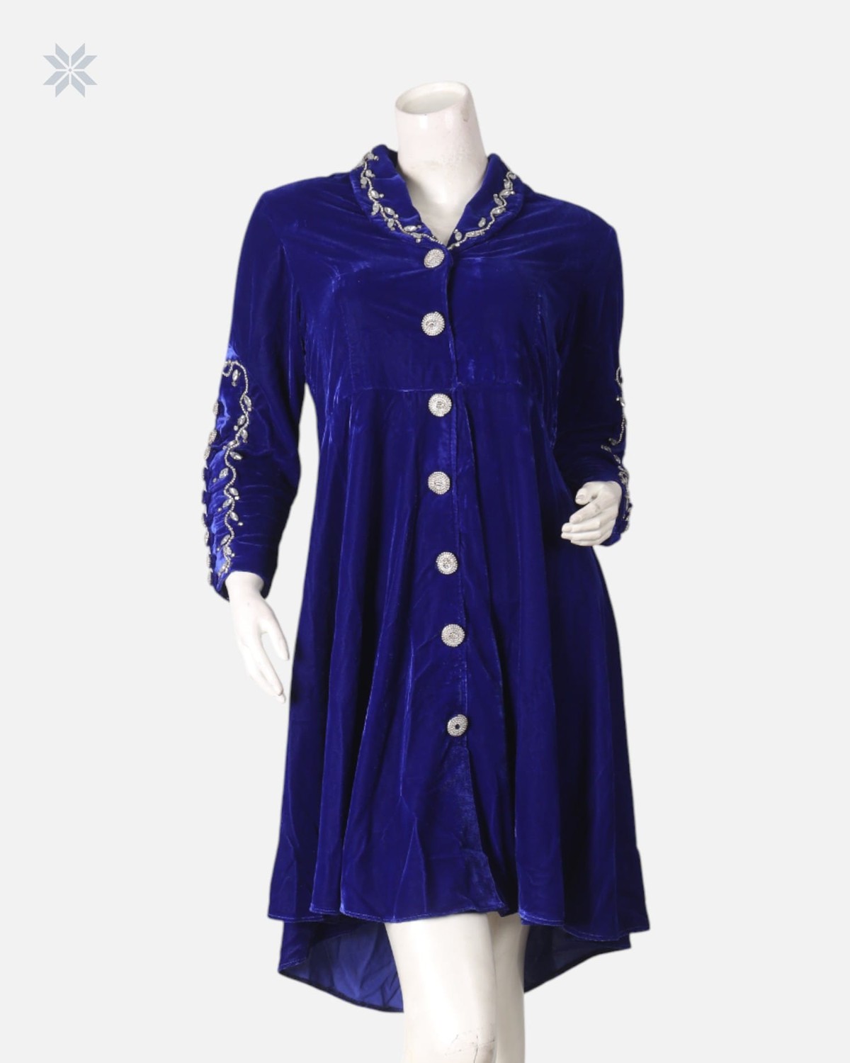 Silk Velvet Party Dress with Hand-Embroidered Mori and Yakhk Design 5