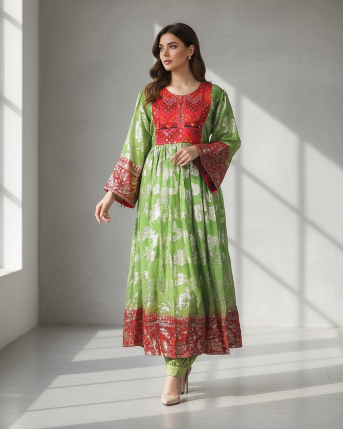 Traditional Green & Red Floral Dress 7