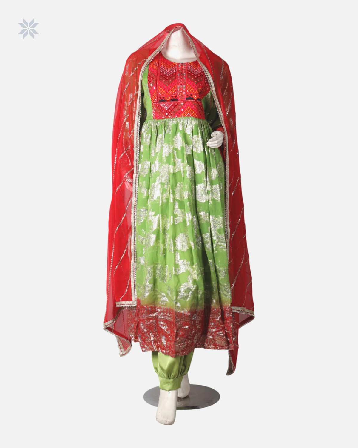 Traditional Green & Red Floral Dress 8