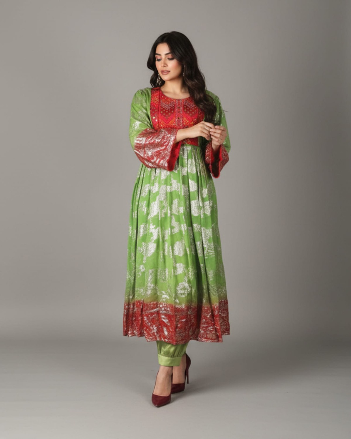 Traditional Green & Red Floral Dress 6