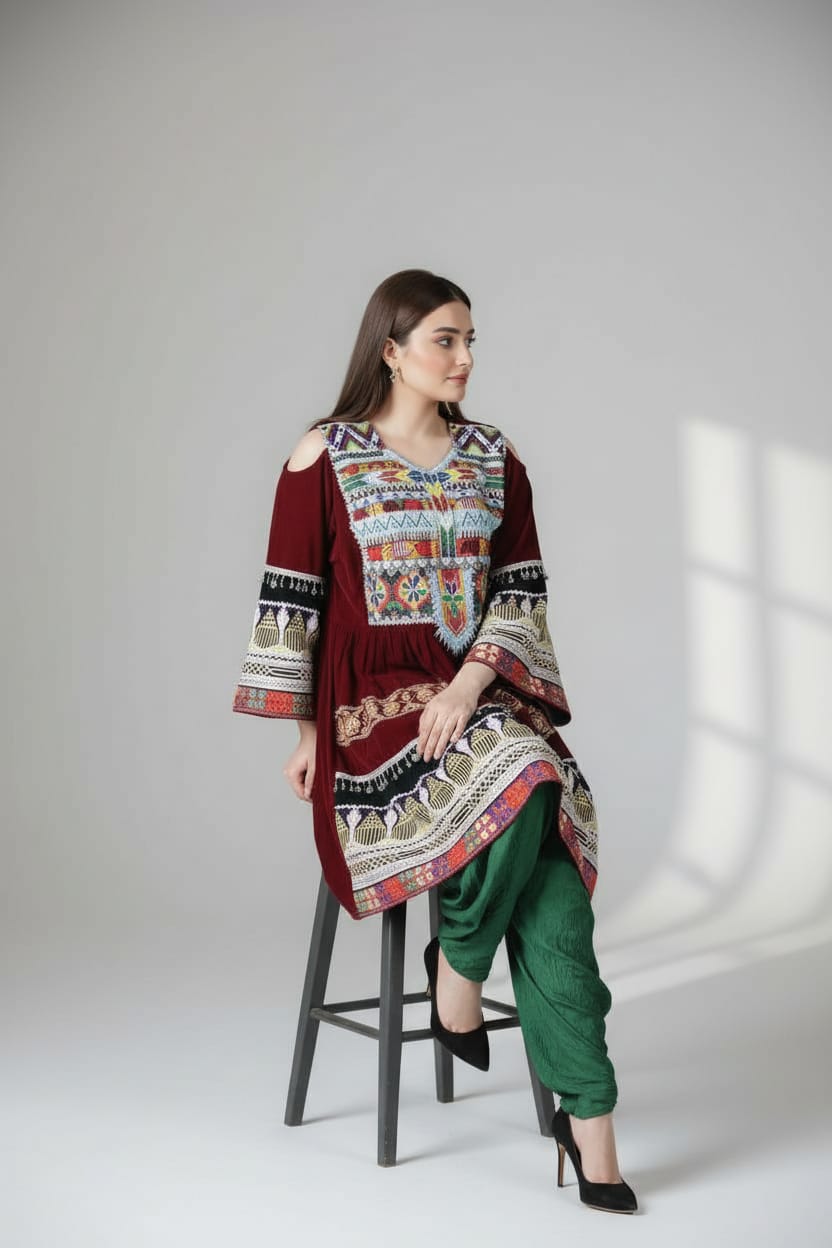 Multi Colored Afghan Velvet Dress 6