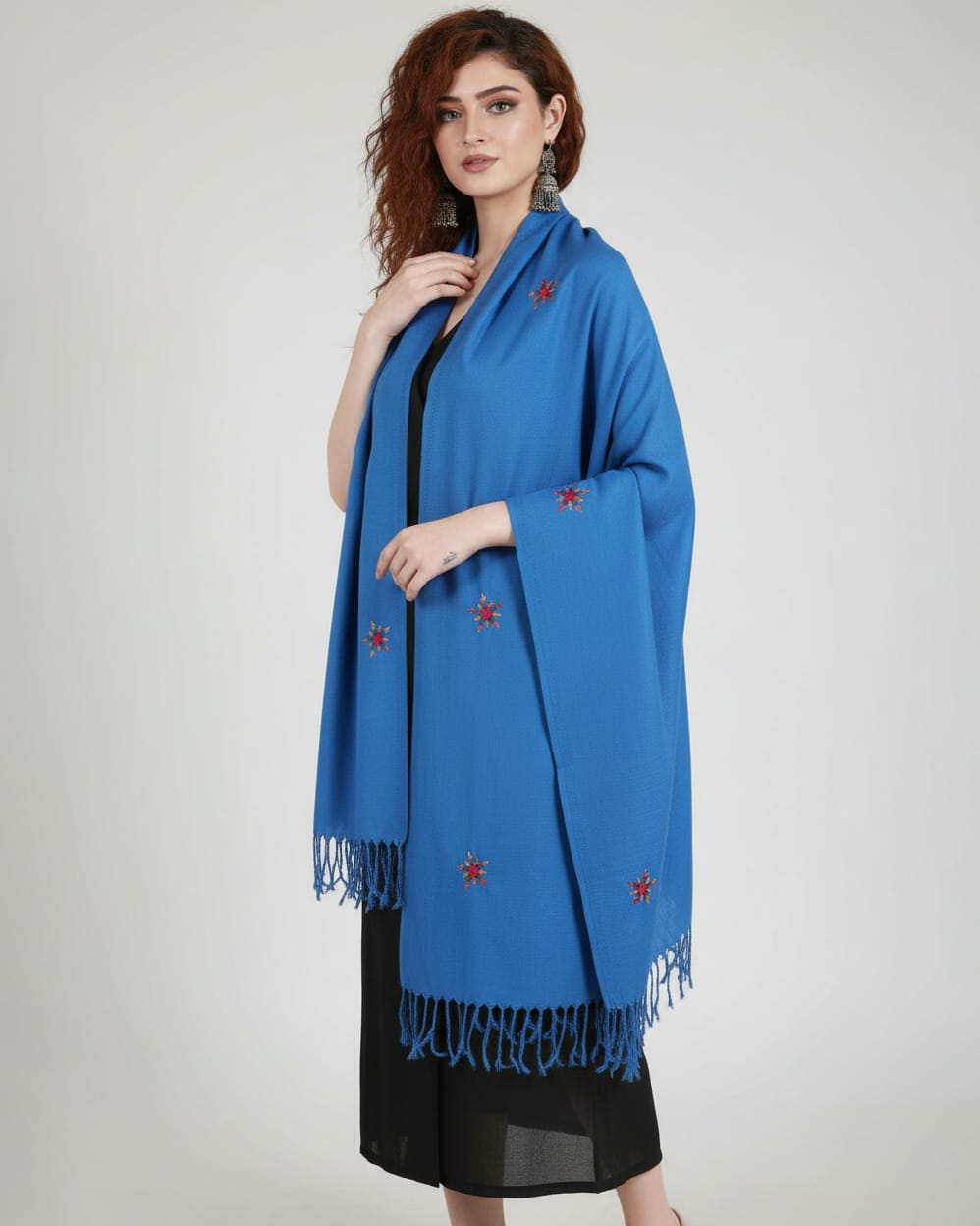 Hand-Embroidered Afghan Scarf – Single Flower Design 1