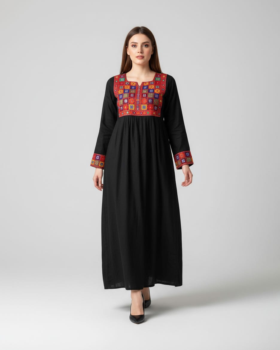 Black Afghan Dress with Colorful Embroidery 4
