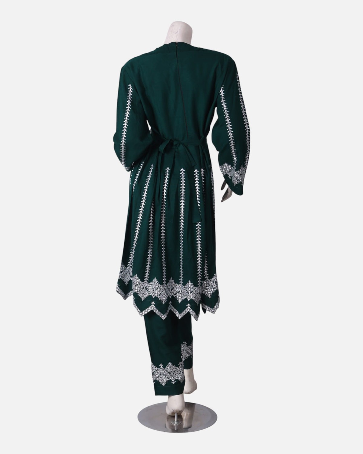 Hazargi Traditional Outfit – Dark Green Embroidered Afghan Dress with Shawl 4