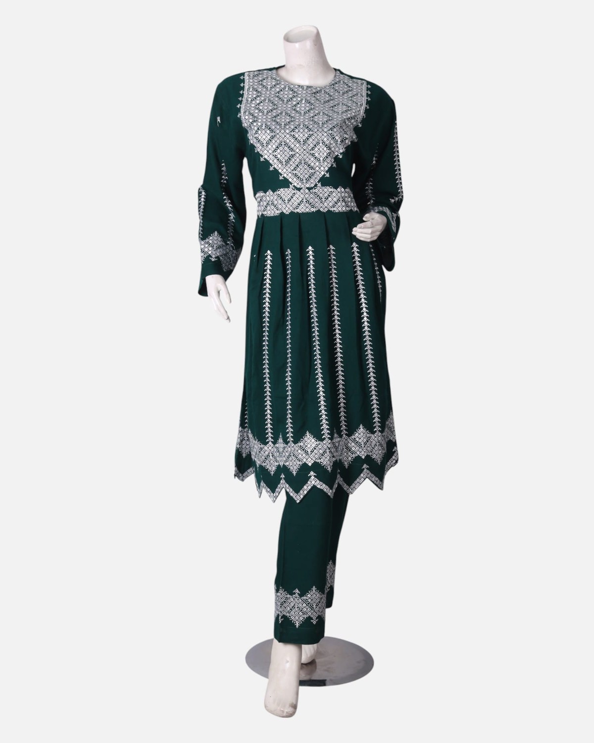 Hazargi Traditional Outfit – Dark Green Embroidered Afghan Dress with Shawl 3