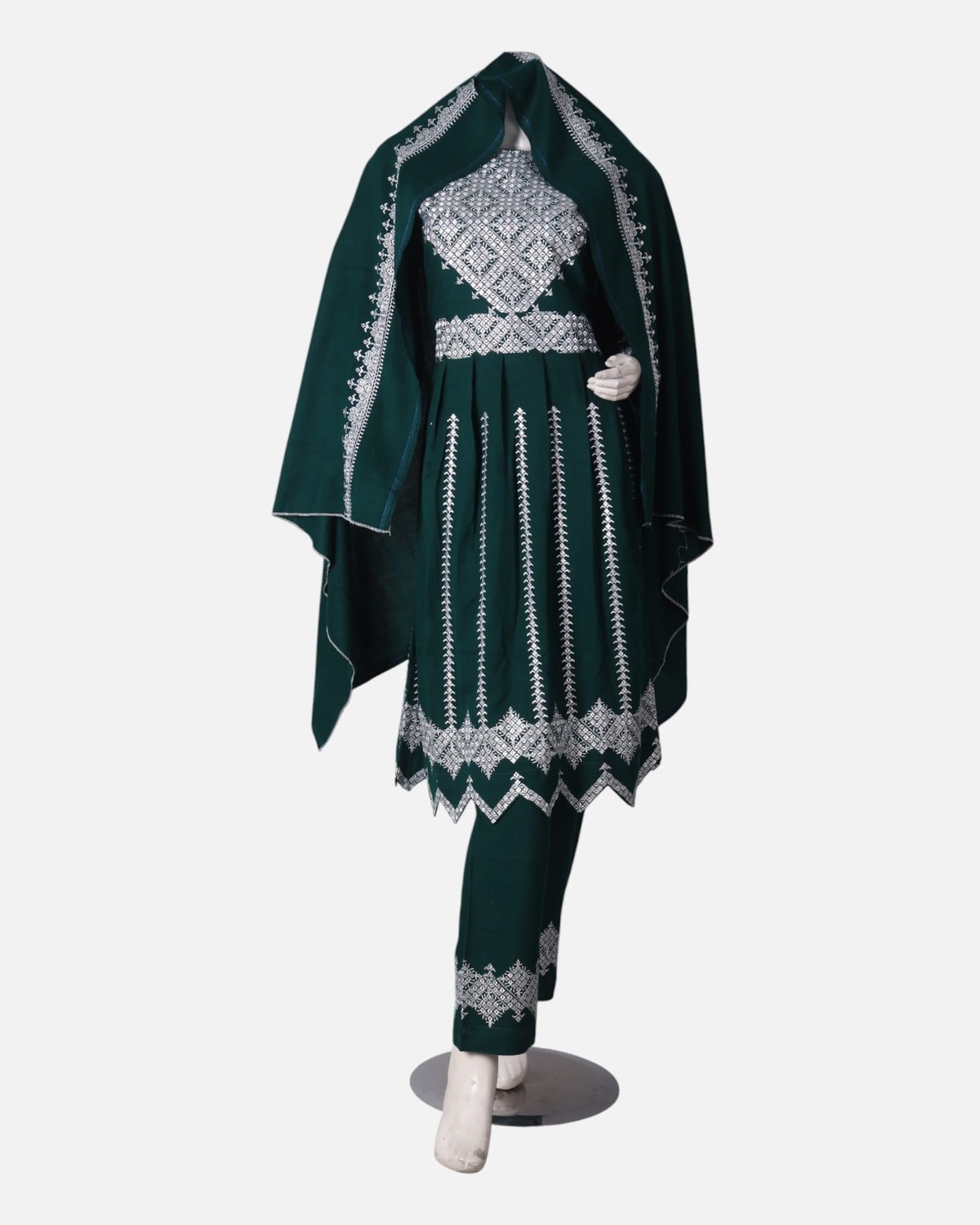 Hazargi Traditional Outfit – Dark Green Embroidered Afghan Dress with Shawl 5