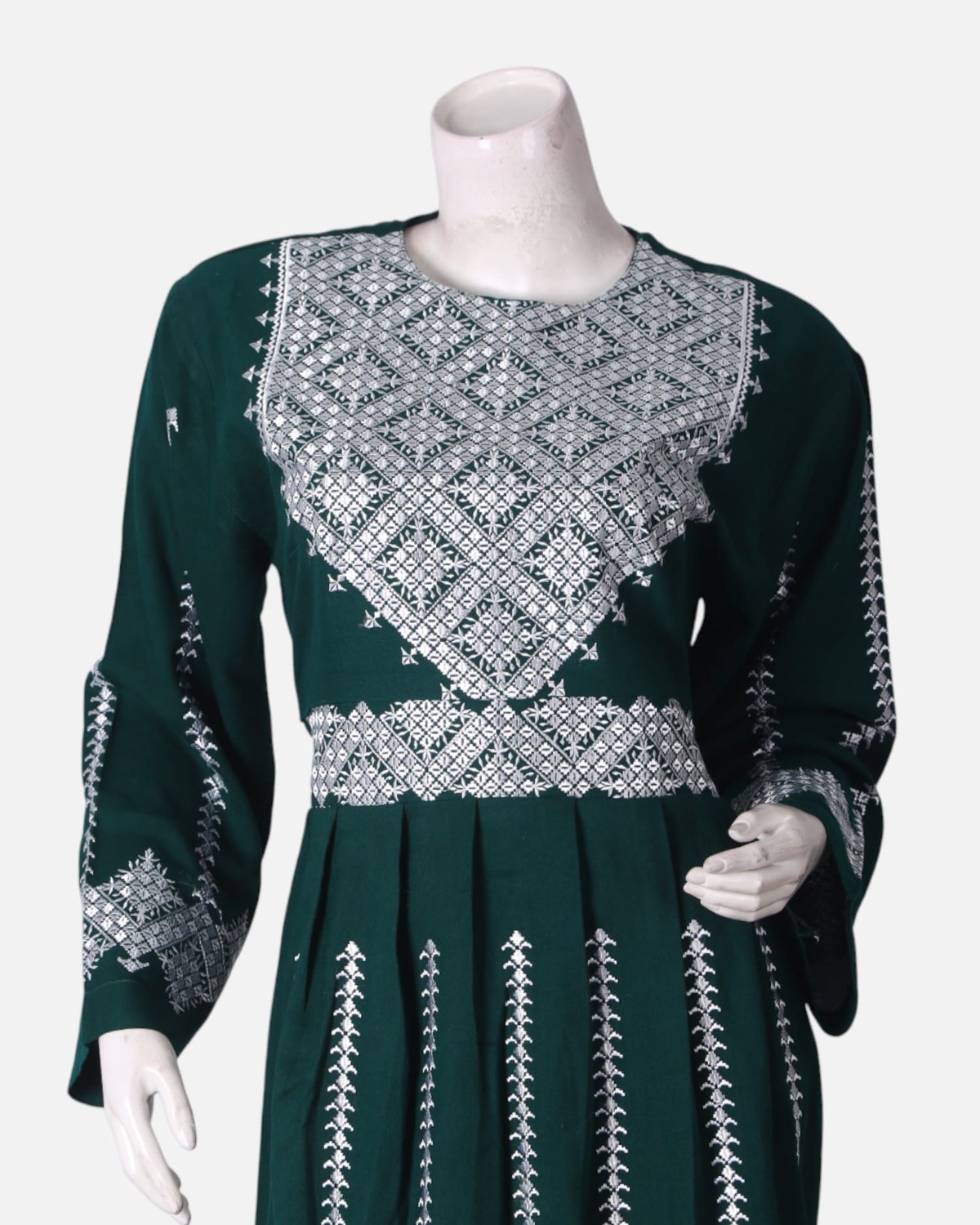 Hazargi Traditional Outfit – Dark Green Embroidered Afghan Dress with Shawl 1
