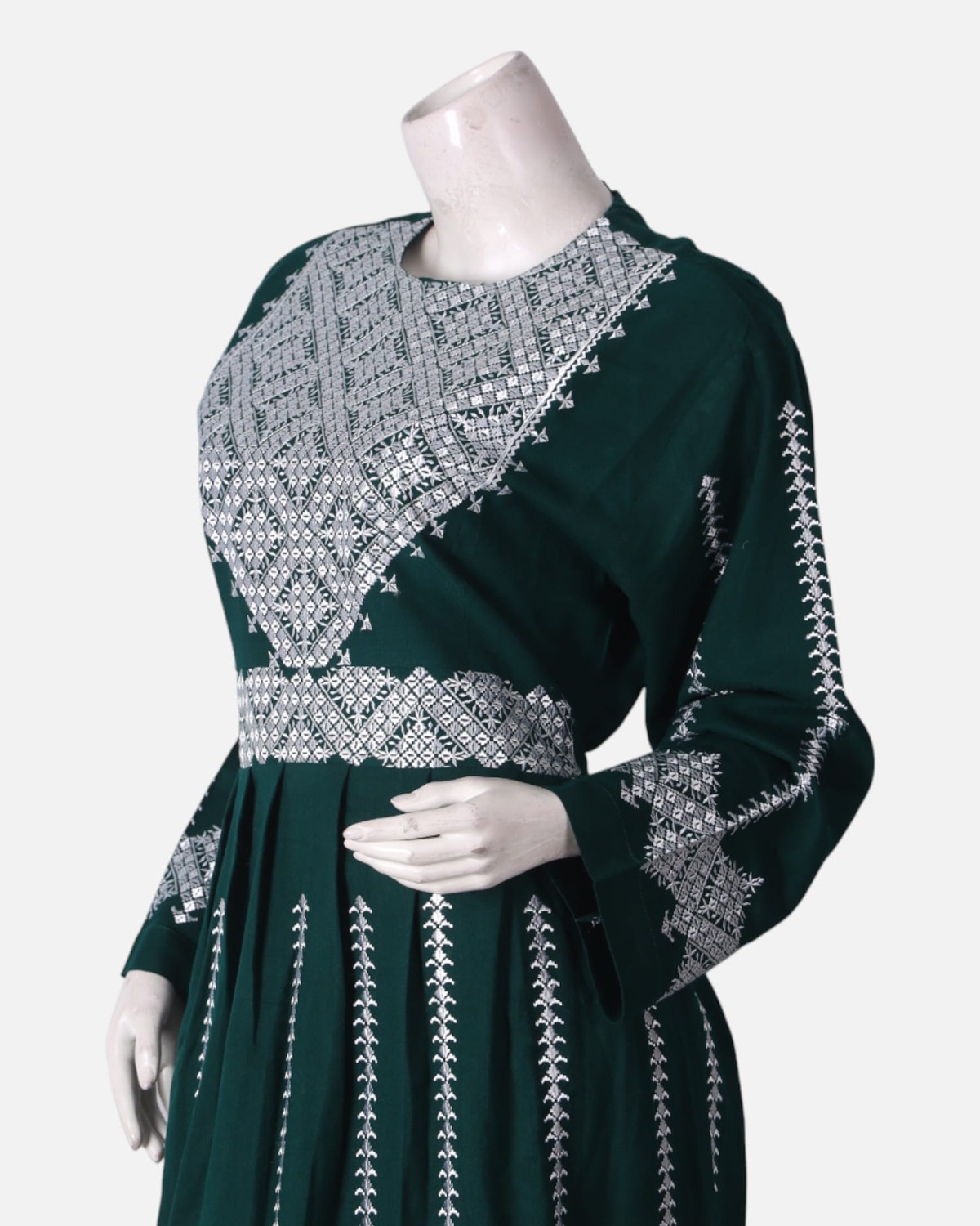 Hazargi Traditional Outfit – Dark Green Embroidered Afghan Dress with Shawl 7