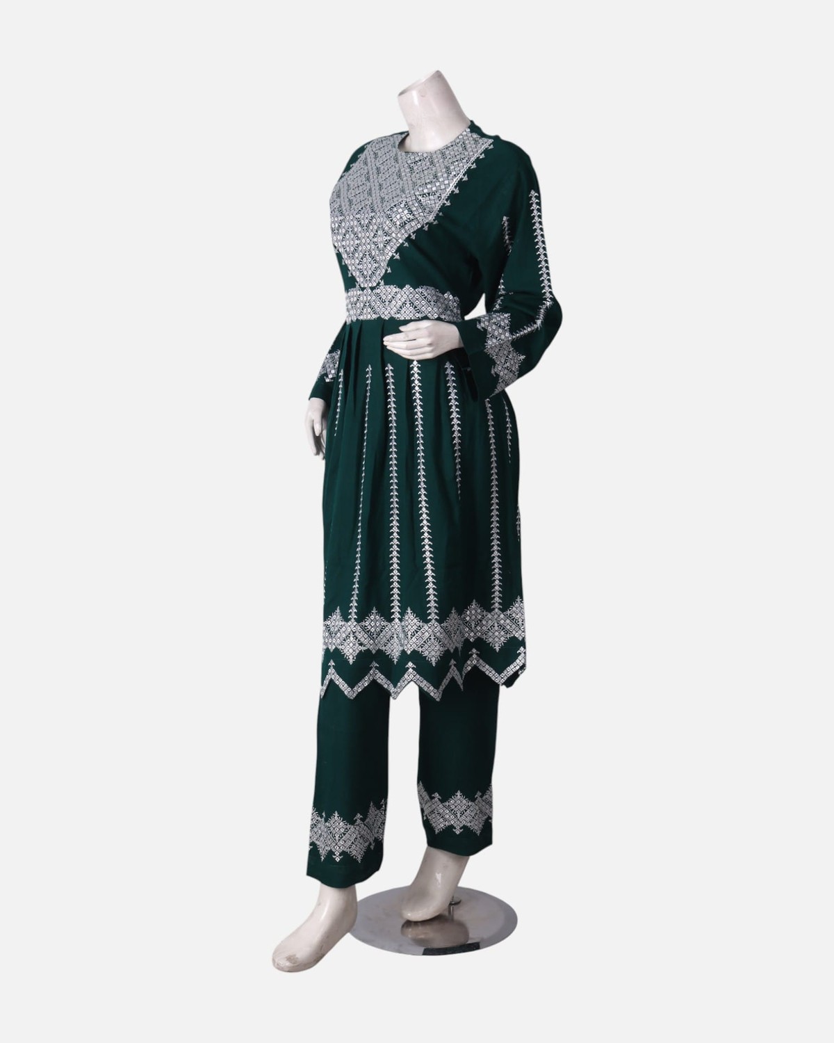 Hazargi Traditional Outfit – Dark Green Embroidered Afghan Dress with Shawl 6