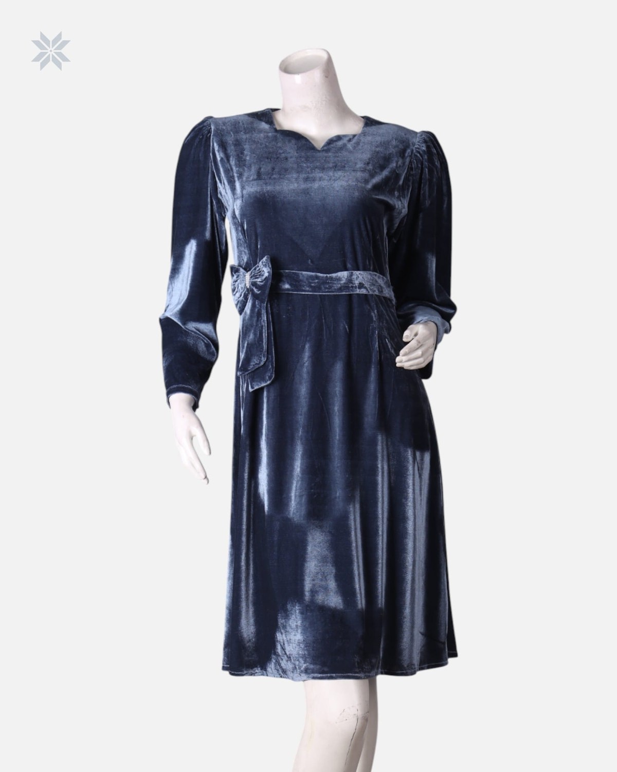 Afghani Velvet Dress in Deep Blue with Floral Embroidery 2