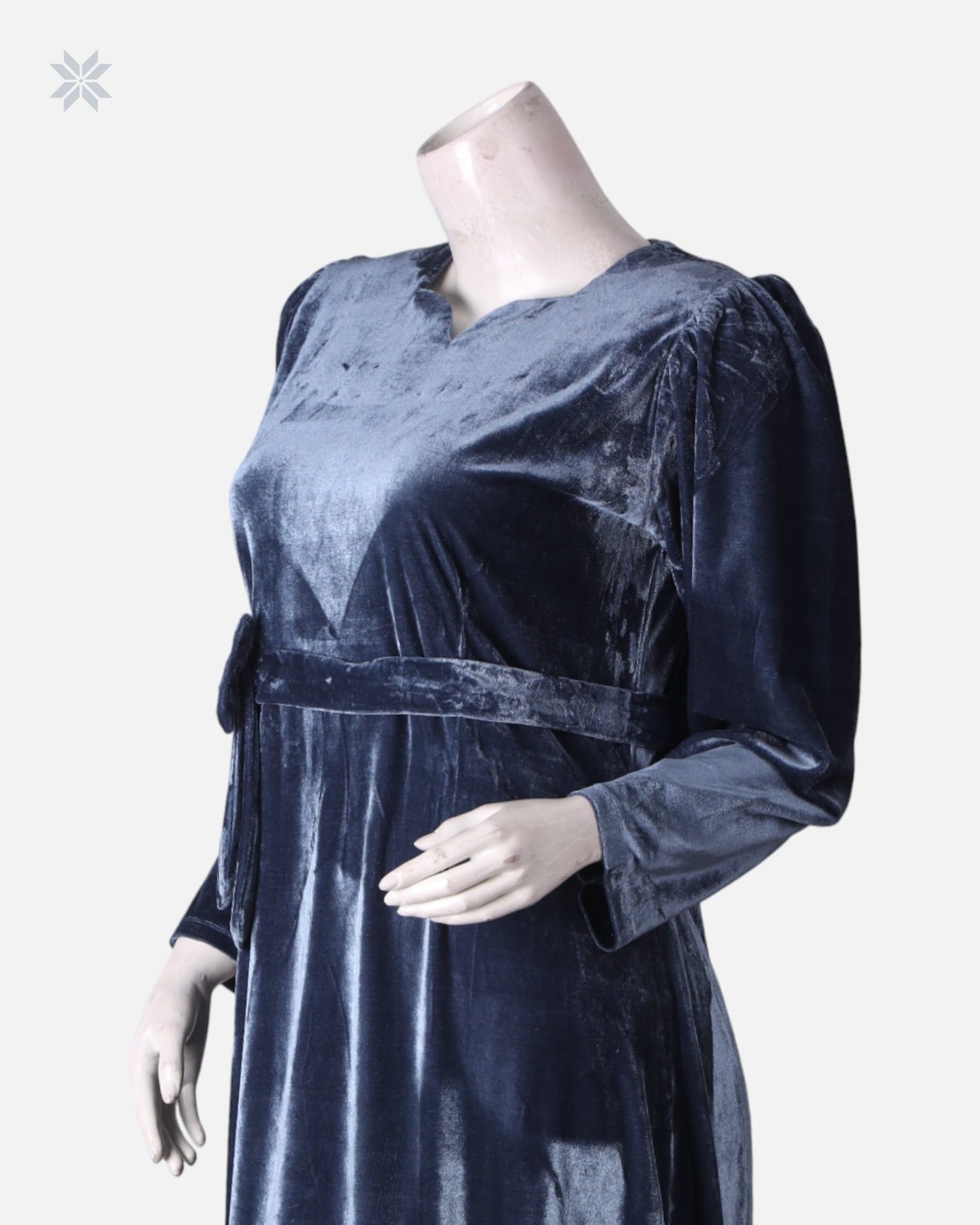 Afghani Velvet Dress in Deep Blue with Floral Embroidery 5