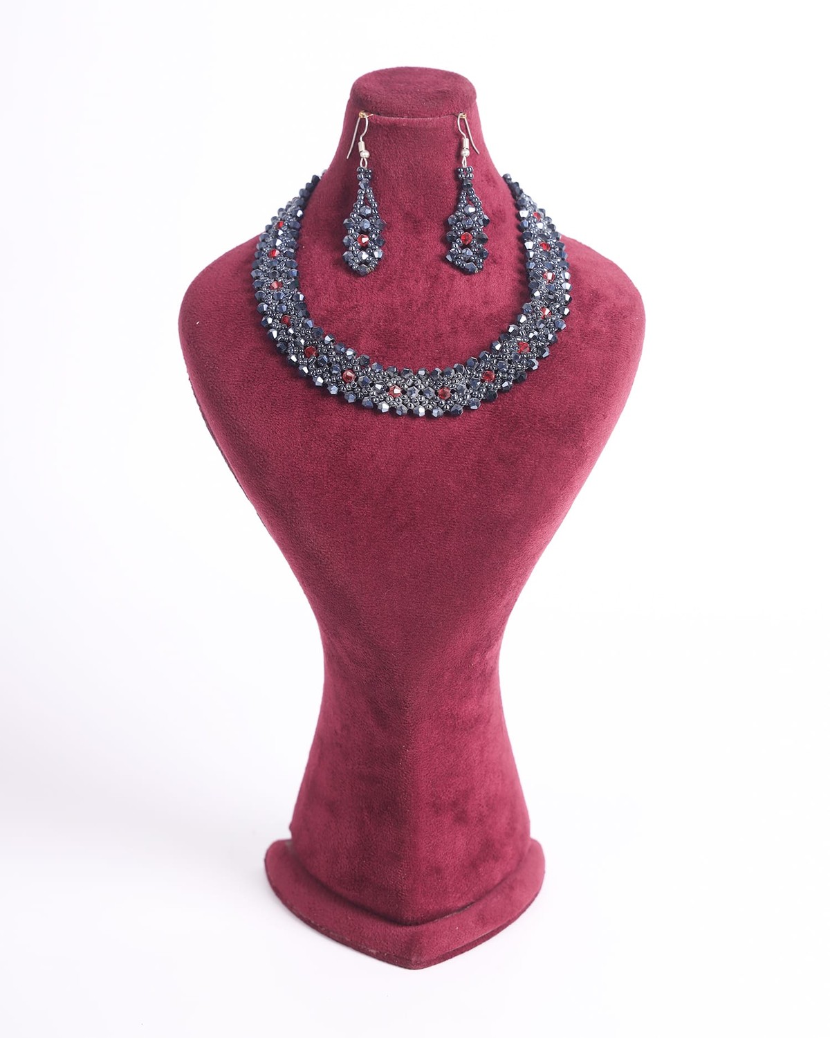 Red & Black Beaded Necklace and Earrings Set 2