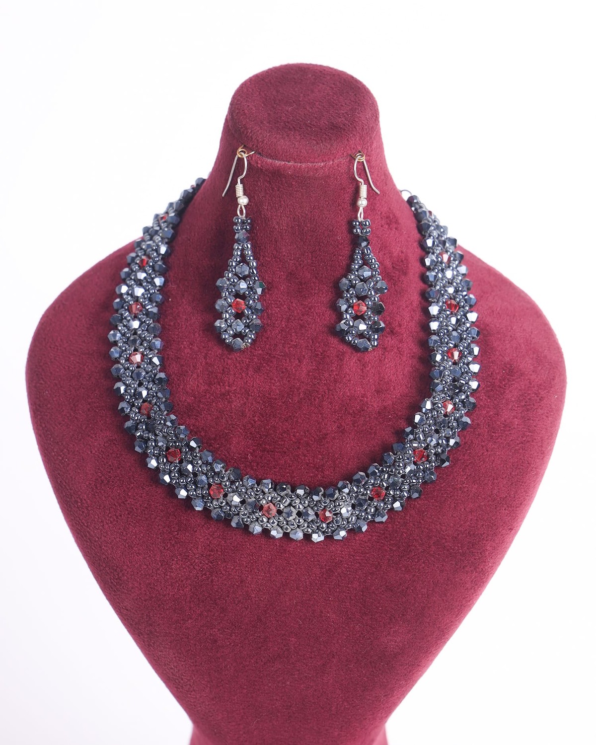 Red & Black Beaded Necklace and Earrings Set 1