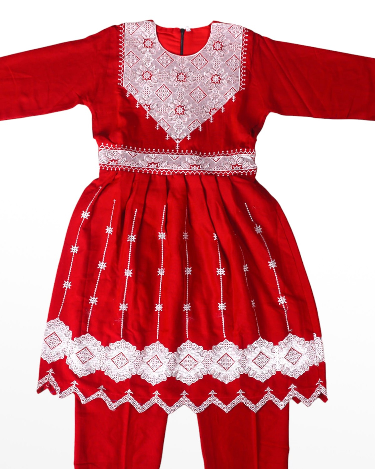 Traditional Afghan Children's Outfit – Red Embroidered Dress and Trousers 3