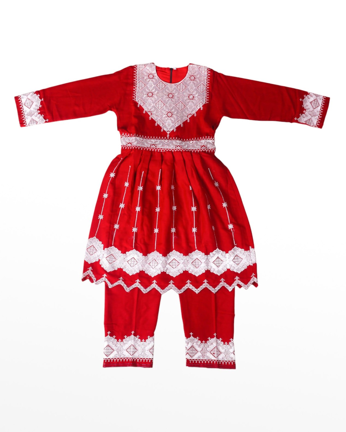 Traditional Afghan Children's Outfit – Red Embroidered Dress and Trousers 1