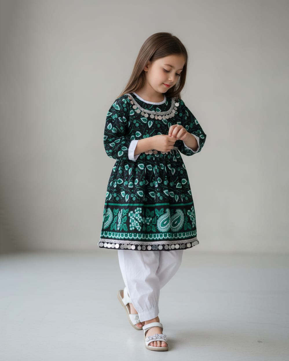 Dark Green & White Cotton Bandana Print Dress 1