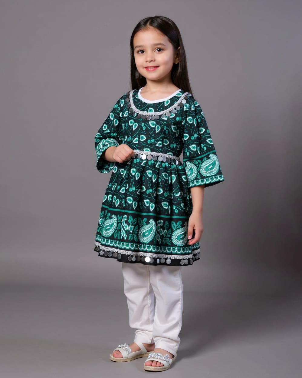 Dark Green & White Cotton Bandana Print Dress 5