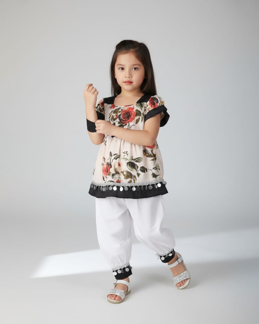 Cream Floral & Black Cotton Dress with Matching Pants 6
