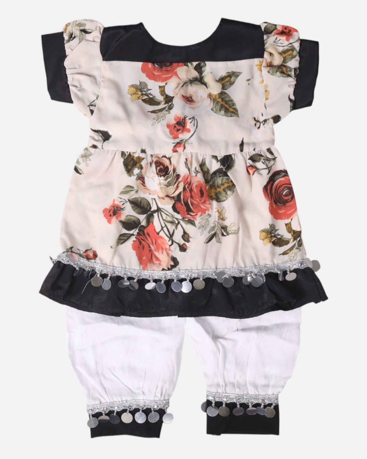 Cream Floral & Black Cotton Dress with Matching Pants 1