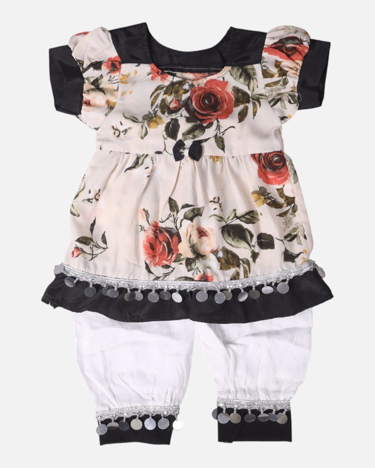 Cream Floral & Black Cotton Dress with Matching Pants 3