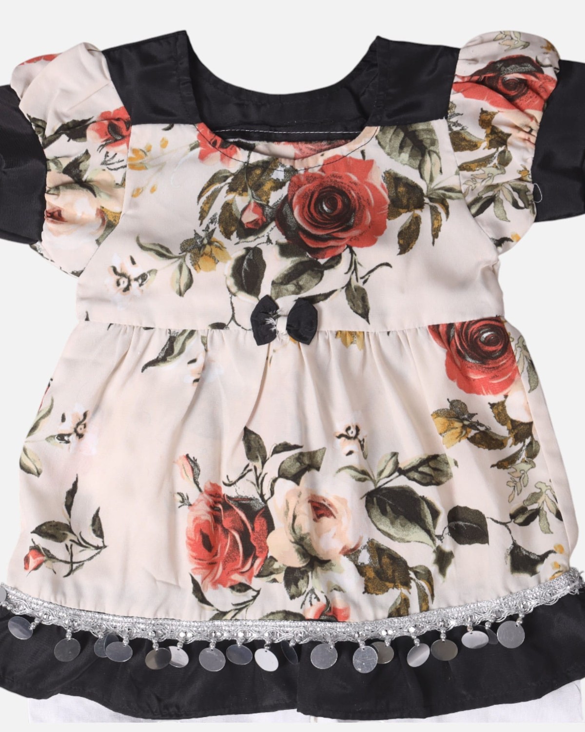 Cream Floral & Black Cotton Dress with Matching Pants 4