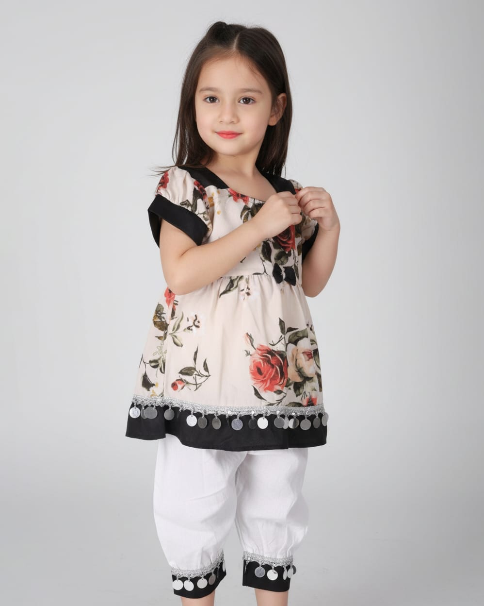 Cream Floral & Black Cotton Dress with Matching Pants 2