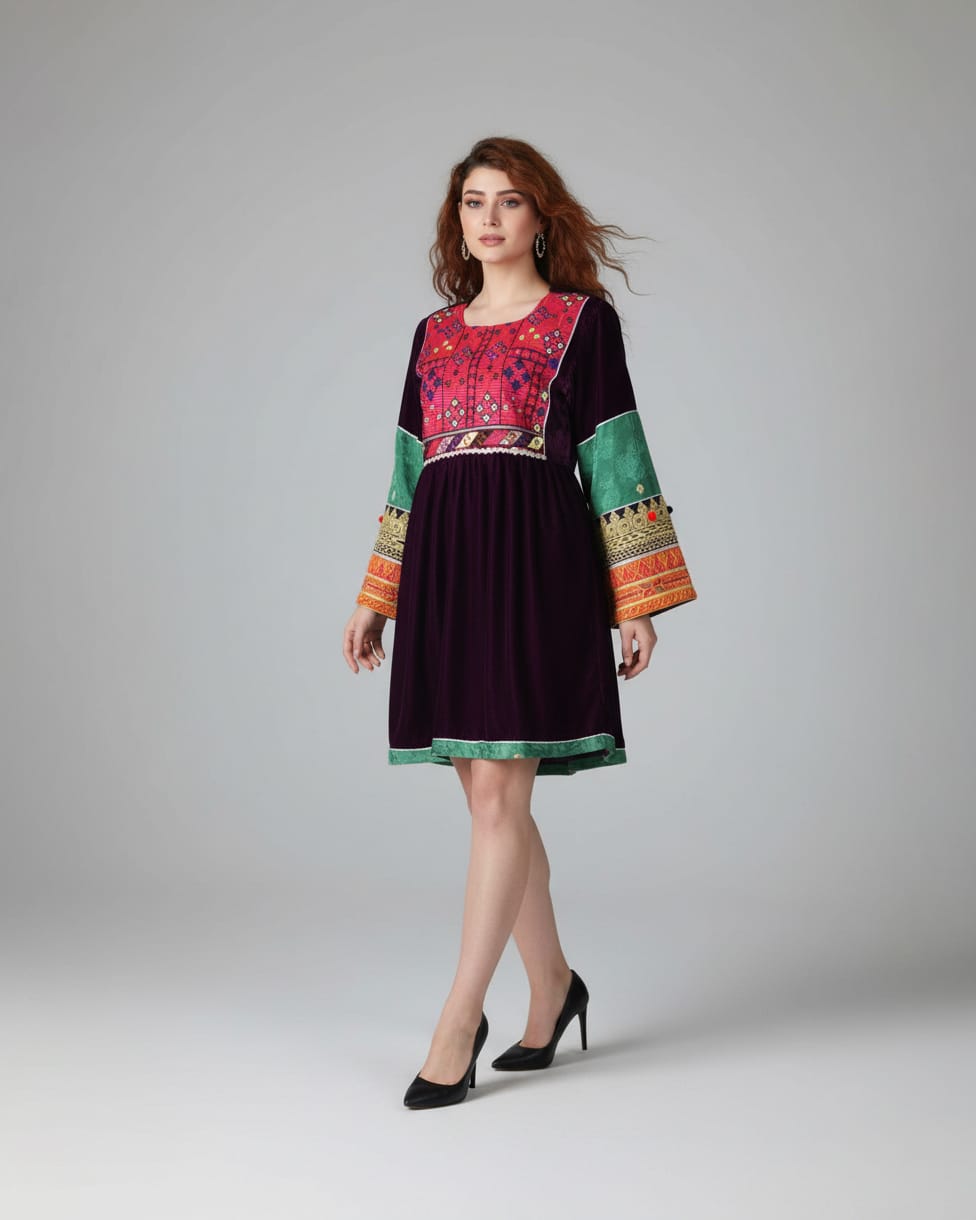 Burgundy and Green Short Dress Handmade 3
