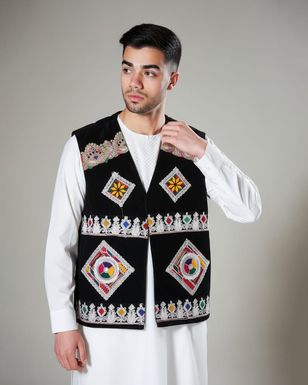 Black Afghan Men’s Velvet Vest with Multicolor Hand Embroidery 1