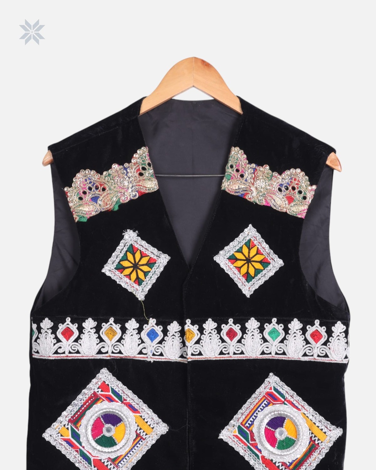 Black Afghan Men’s Velvet Vest with Multicolor Hand Embroidery 3
